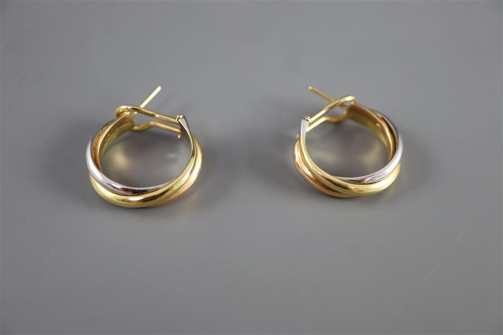 A pair of modern Cartier 18ct three colour gold hoop earrings, signed and numbered 775302, in Cartier box.